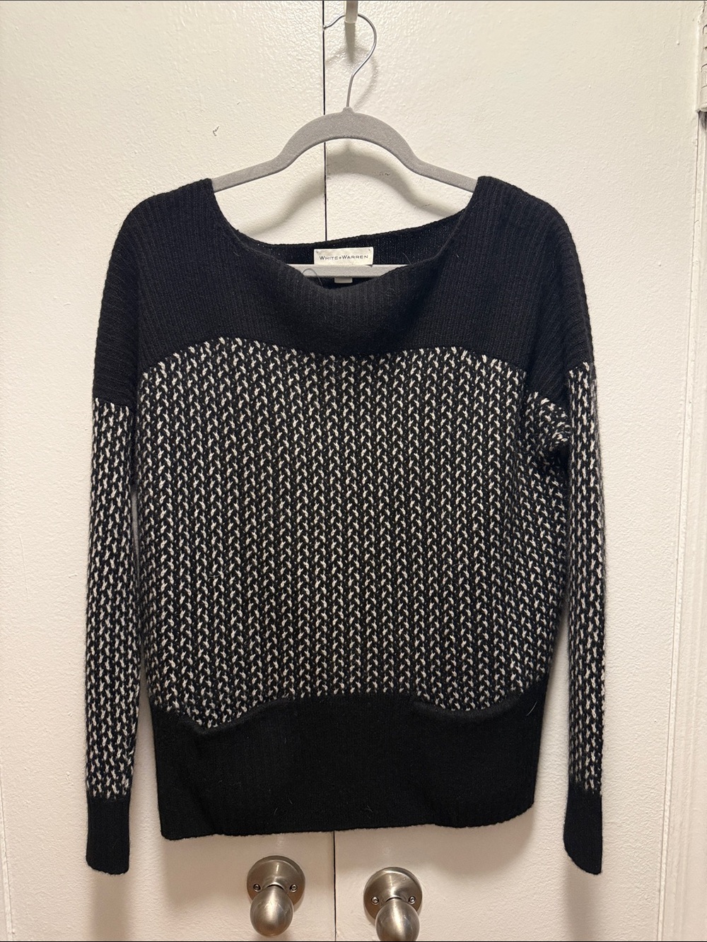 White + Warren Black and White Marled Scoop-Neck Pullover